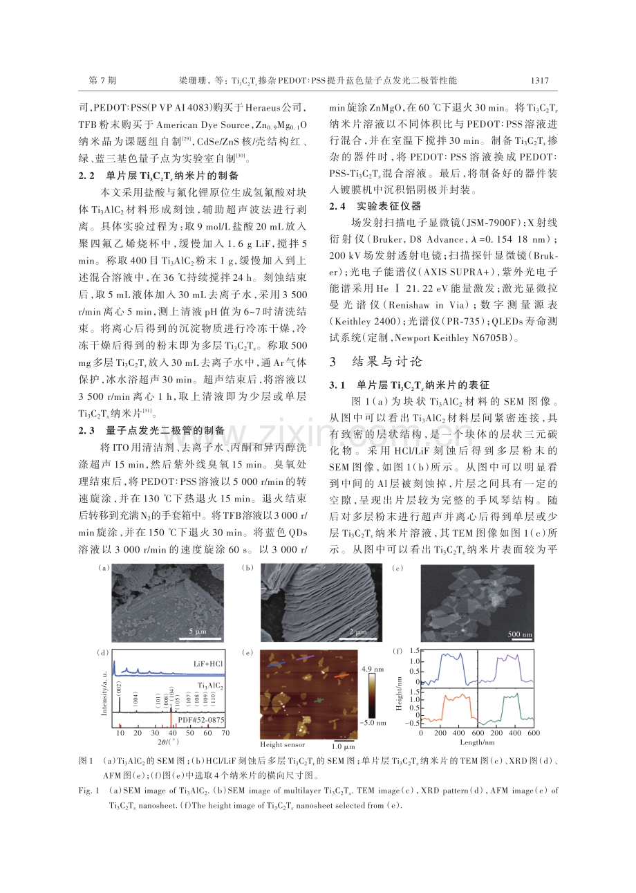 Ti_%283%29C_%282%29T_%28x%29掺杂PEDOT：PSS提升蓝色量子点发光二极管性能.pdf_第3页