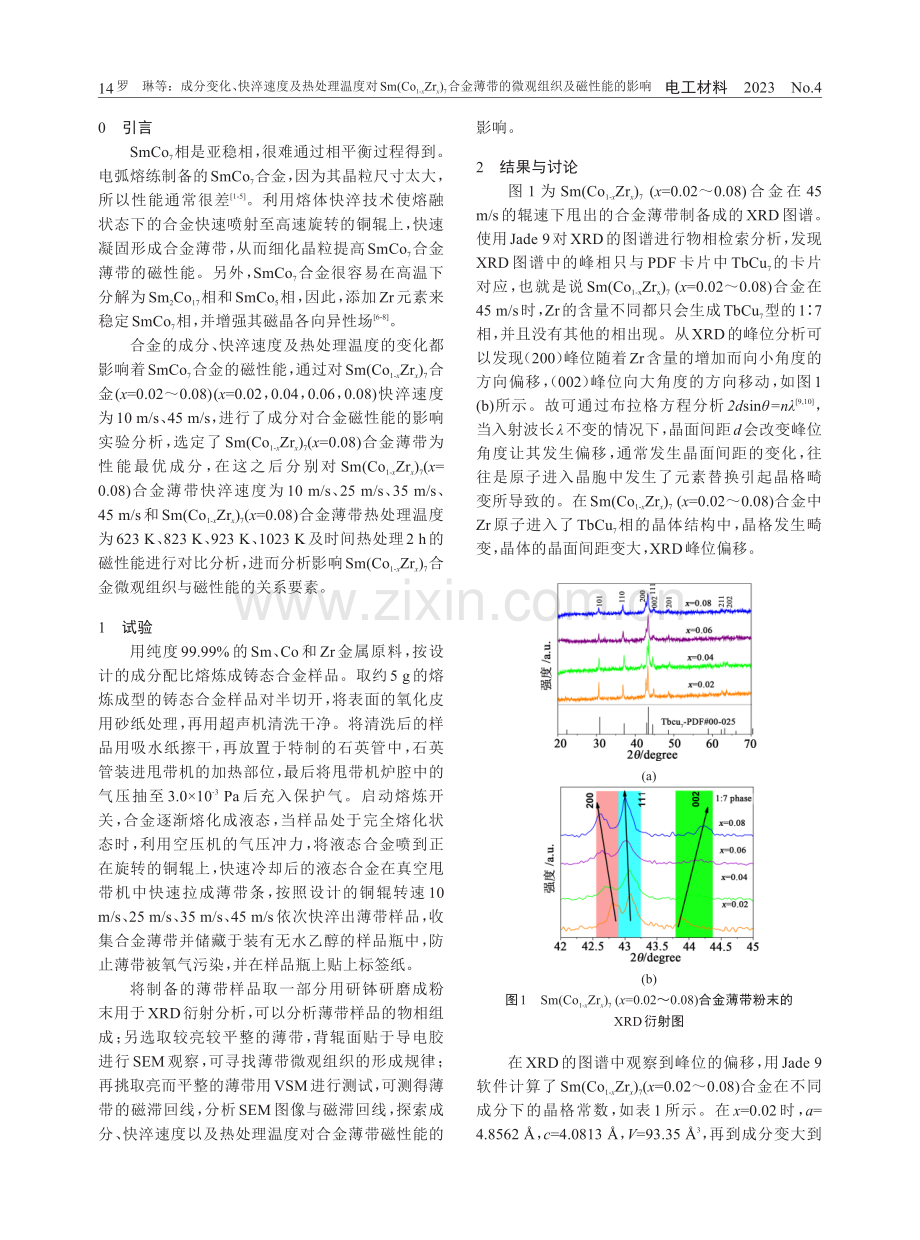 成分变化、快淬速度及热处理温度对Sm%28Co_%281-x%29Zr_%28x%29%29_%287%29合金薄带的微观组织及磁性能的影响.pdf_第2页