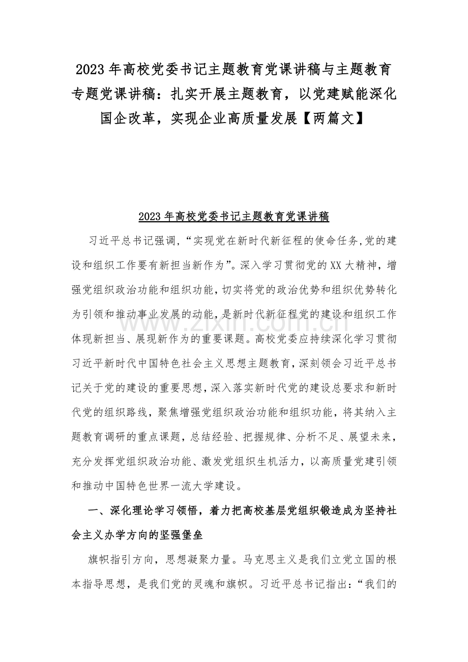 2023年高校党委书记主题教育党课讲稿与主题教育专题党课讲稿：扎实开展主题教育以党建赋能深化国企改革实现企业高质量发展【两篇文】.docx_第1页