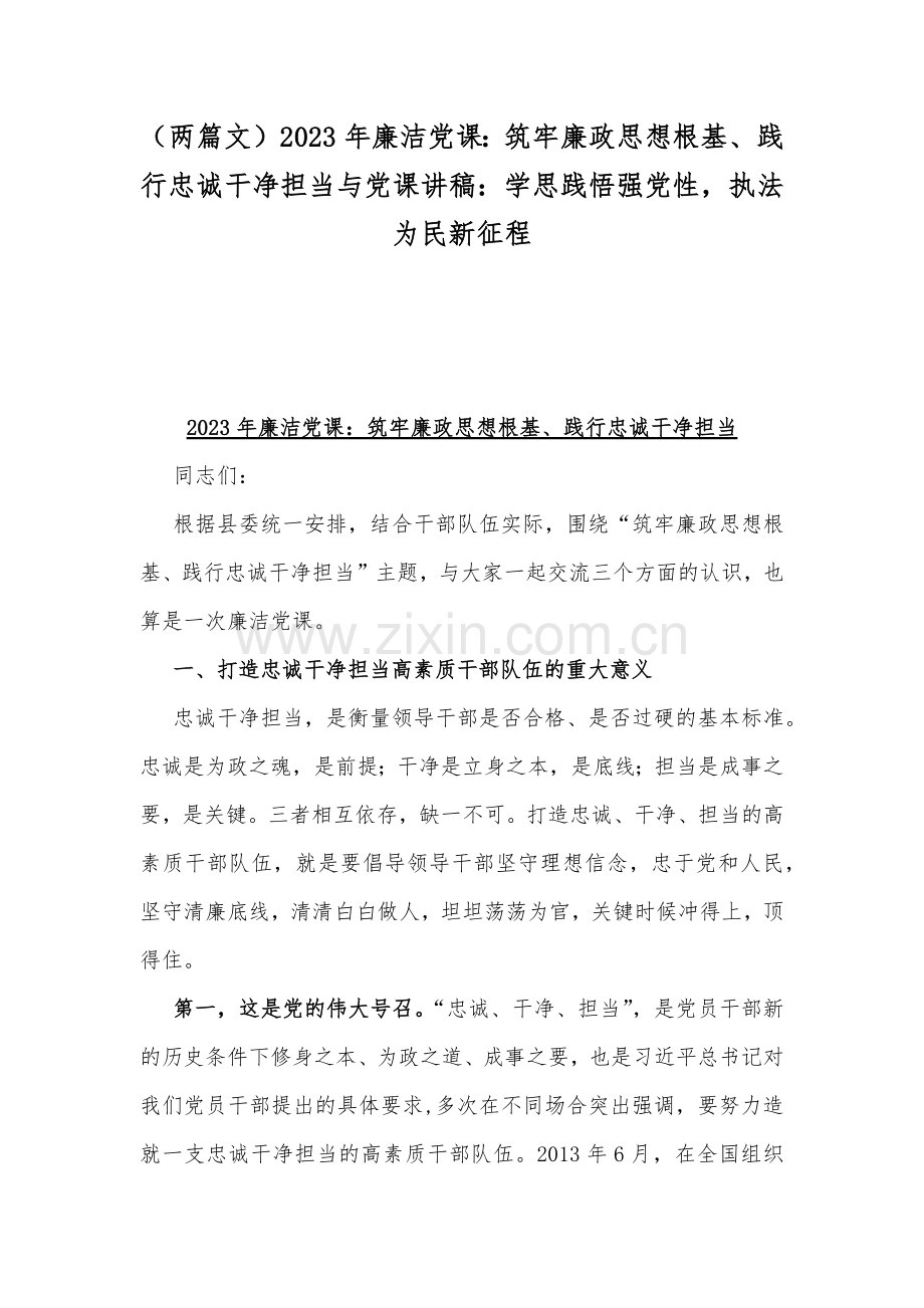 （两篇文）2023年廉洁党课：筑牢廉政思想根基、践行忠诚干净担当与党课讲稿：学思践悟强党性执法为民新征程.docx_第1页