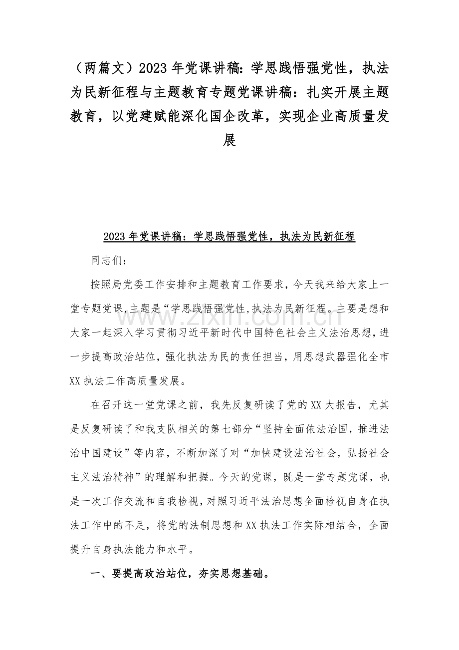 （两篇文）2023年党课讲稿：学思践悟强党性执法为民新征程与主题教育专题党课讲稿：扎实开展主题教育以党建赋能深化国企改革实现企业高质量发展.docx_第1页