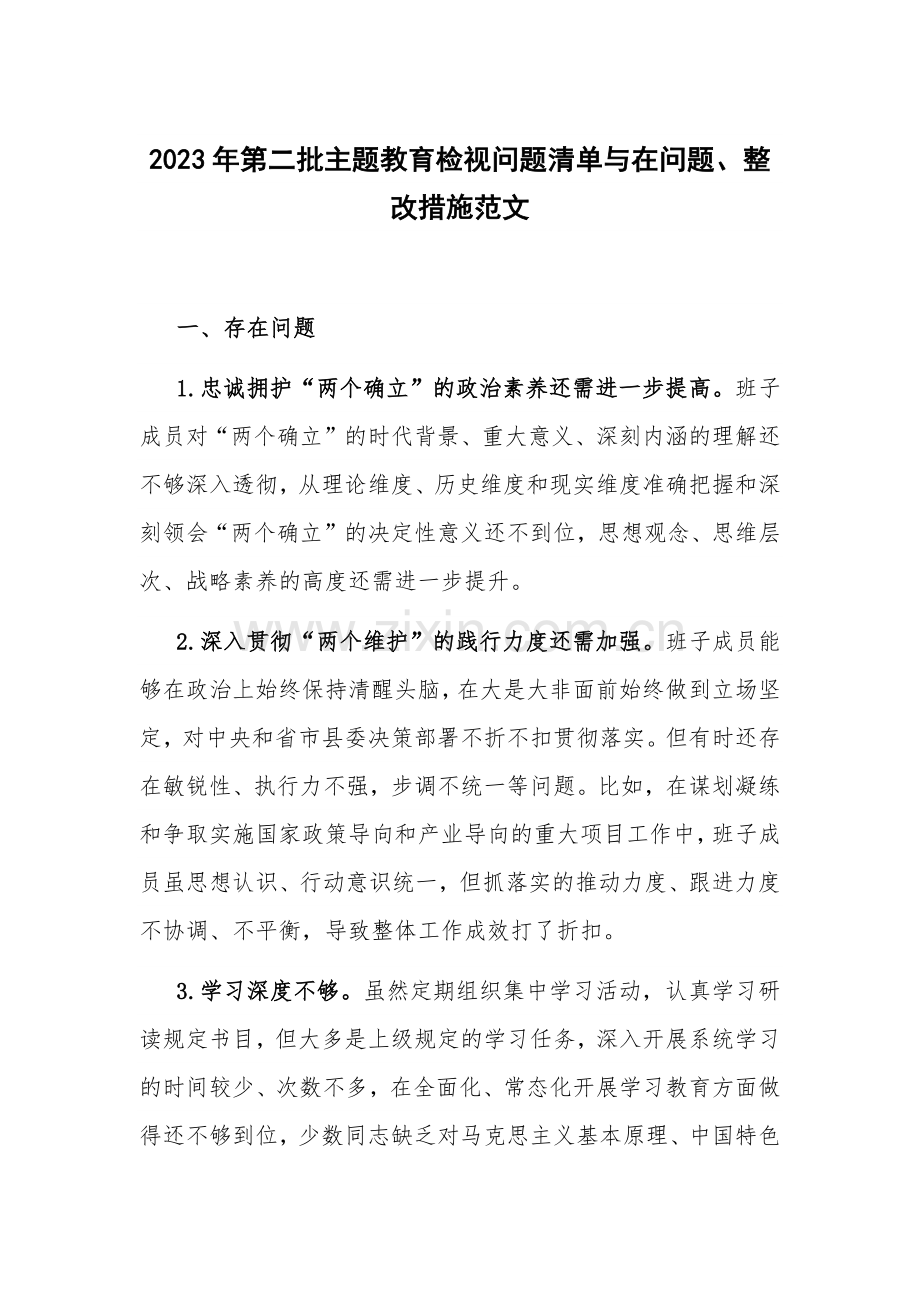 2023年第二批主题教育检视问题清单与在问题、整改措施范文.docx_第1页