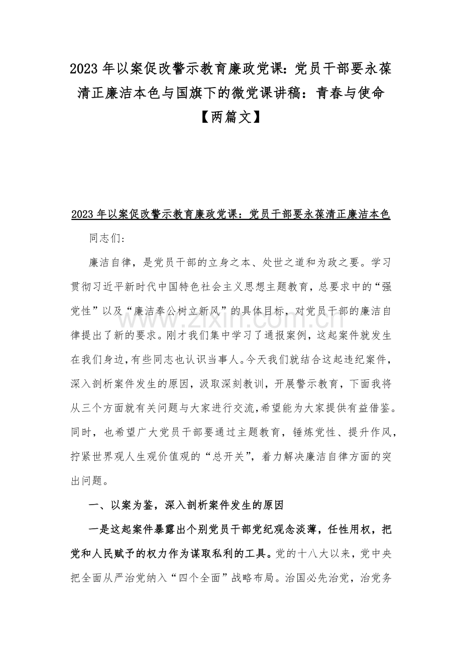 2023年以案促改警示教育廉政党课：党员干部要永葆清正廉洁本色与国旗下的微党课讲稿：青春与使命【两篇文】.docx_第1页