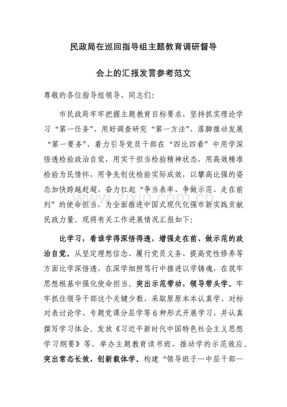 民政局在巡回指导组主题教育调研督导会上的汇报发言参考范文.docx_第1页