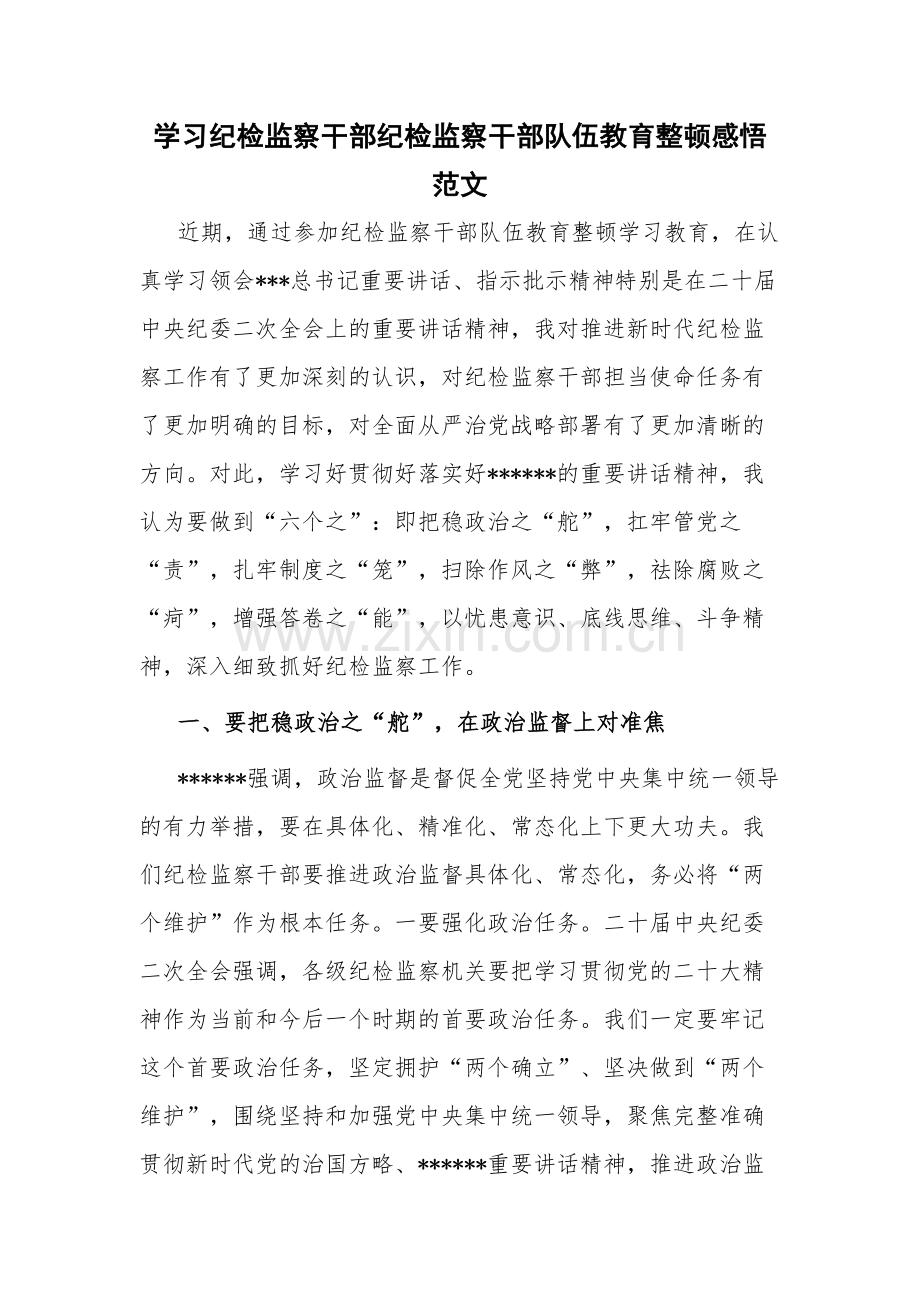 学习纪检监察干部纪检监察干部队伍教育整顿感悟范文.docx_第1页