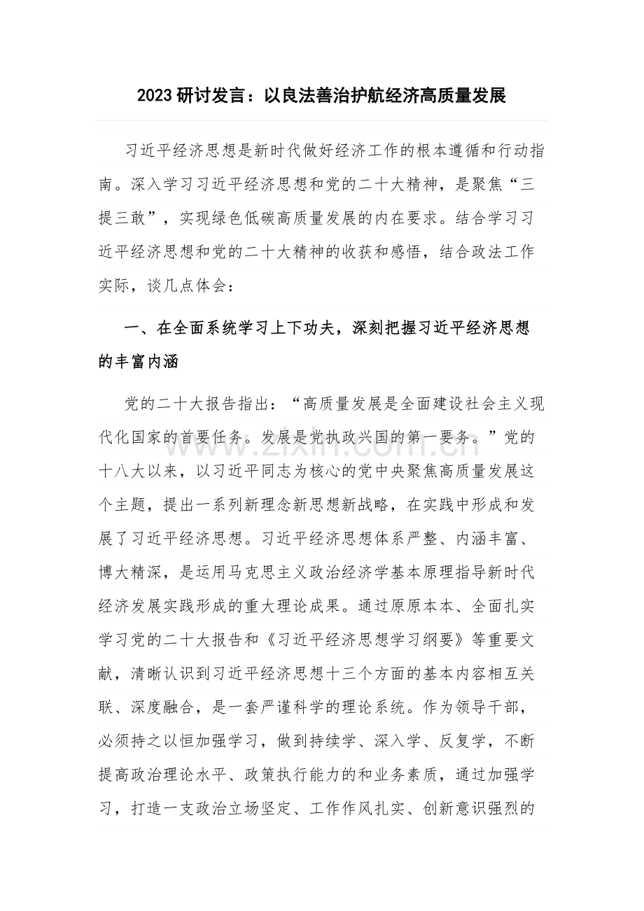 2023研讨发言：以良法善治护航经济高质量发展.docx_第1页