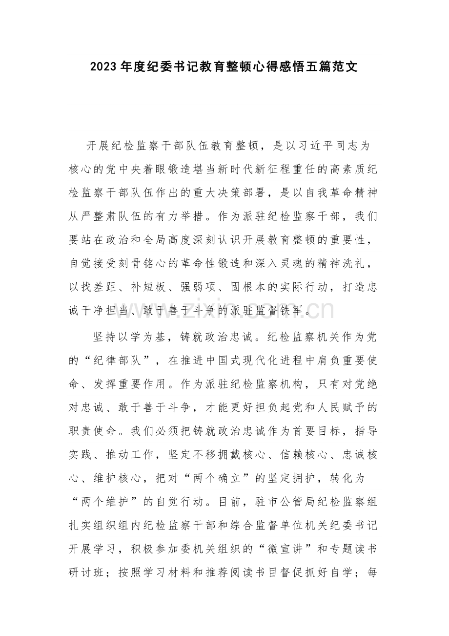 2023年度纪委书记教育整顿心得感悟五篇范文.docx_第1页