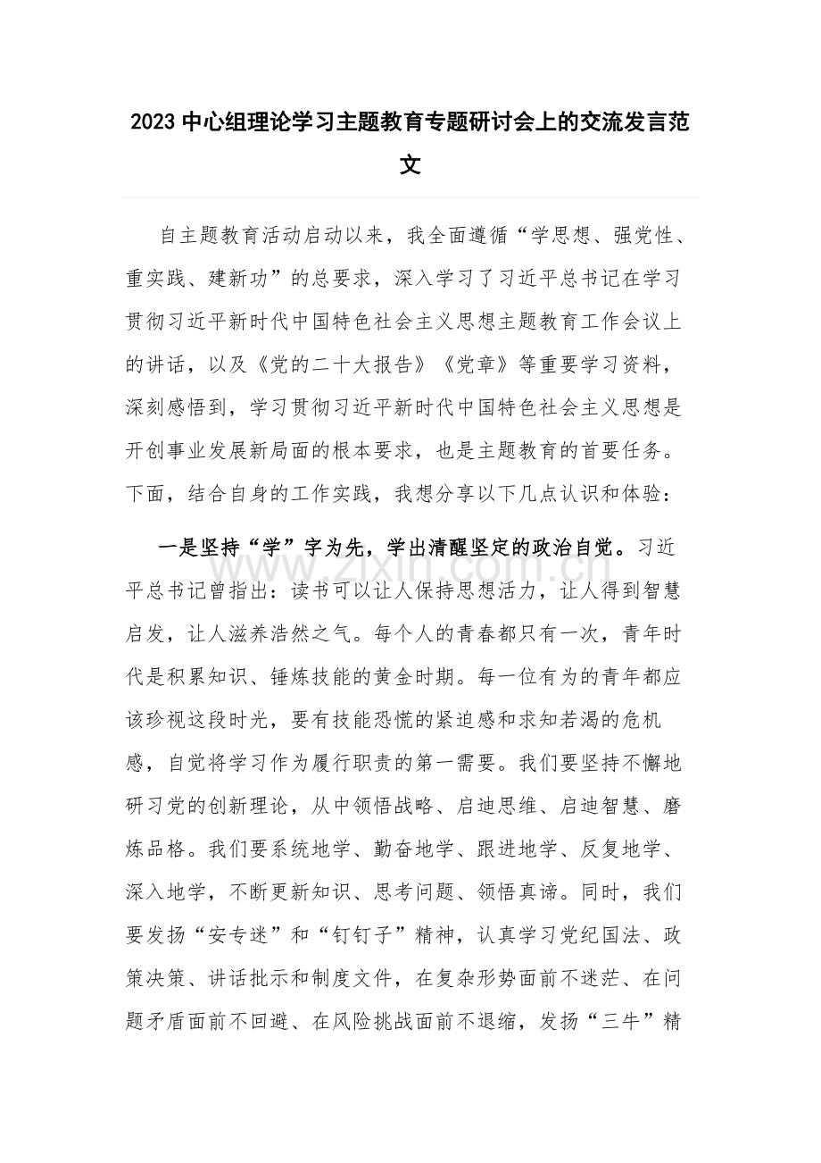 2023中心组理论学习主题教育专题研讨会上的交流发言范文.docx_第1页