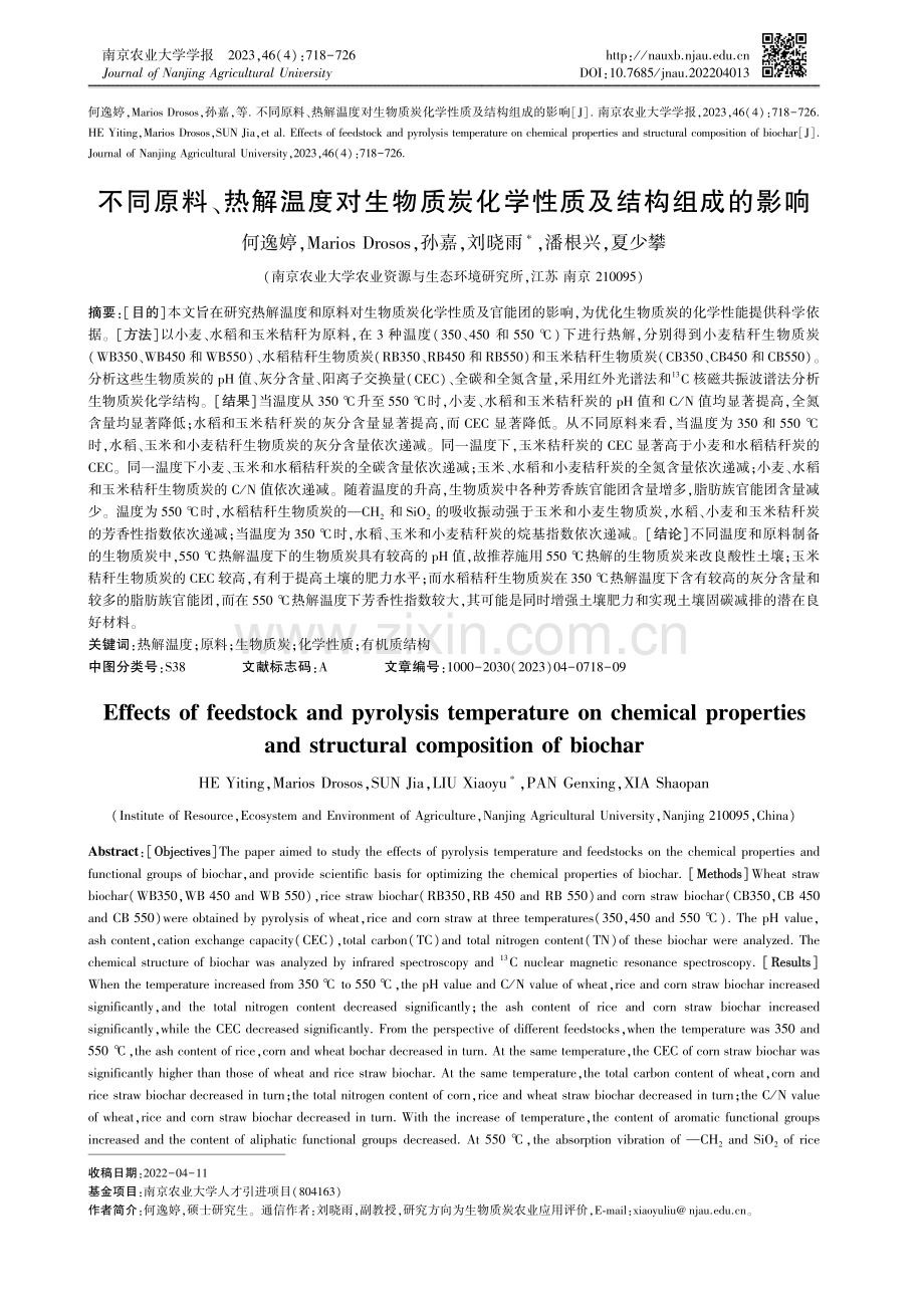 不同原料、热解温度对生物质炭化学性质及结构组成的影响.pdf_第1页