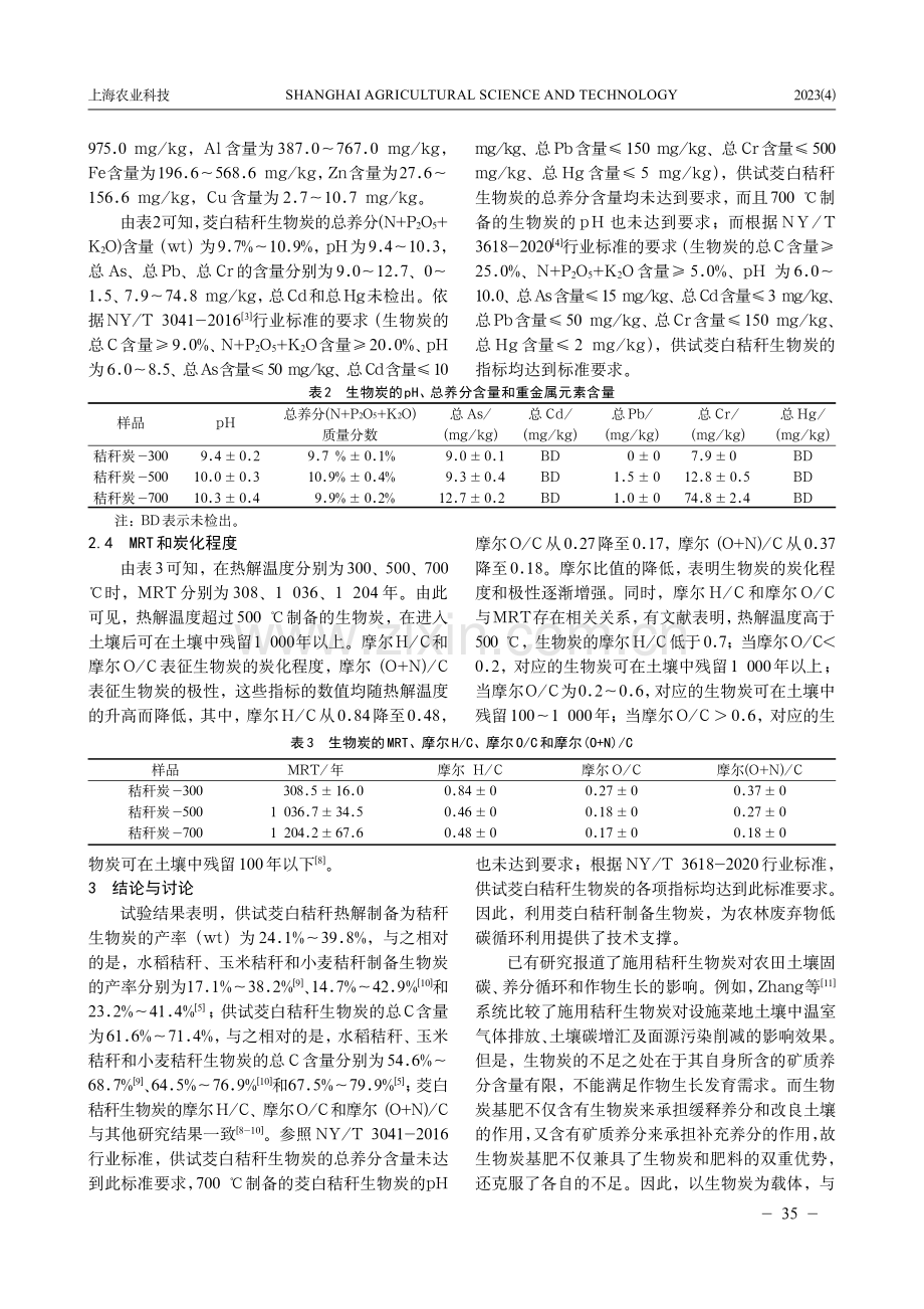 不同热解温度对茭白秸秆生物炭性质的影响初探.pdf_第3页