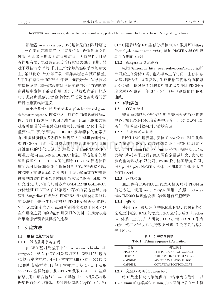 PDGFRA调控p53信号通路介导卵巢癌细胞增殖、凋亡和侵袭的作用及机制.pdf_第2页