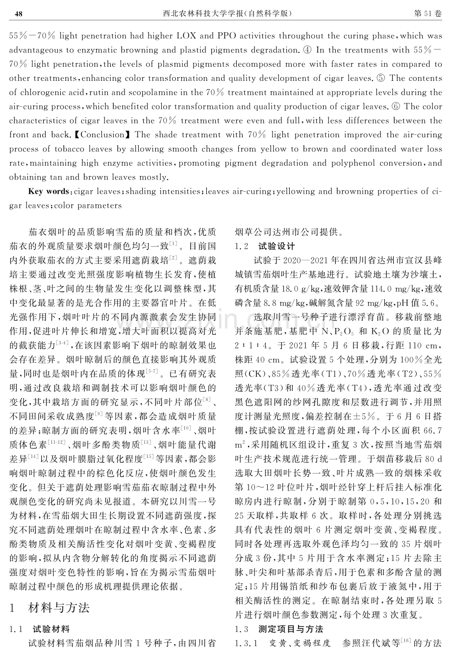 不同遮荫强度下雪茄烟叶晾制变色差异的研究.pdf_第2页