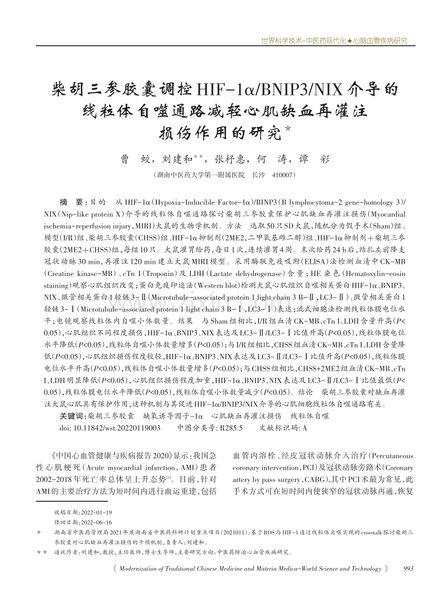 柴胡三参胶囊调控HIF-1α_BNIP3_NIX介导的线粒体自噬通路减轻心肌缺血再灌注损伤作用的研究.pdf_第1页