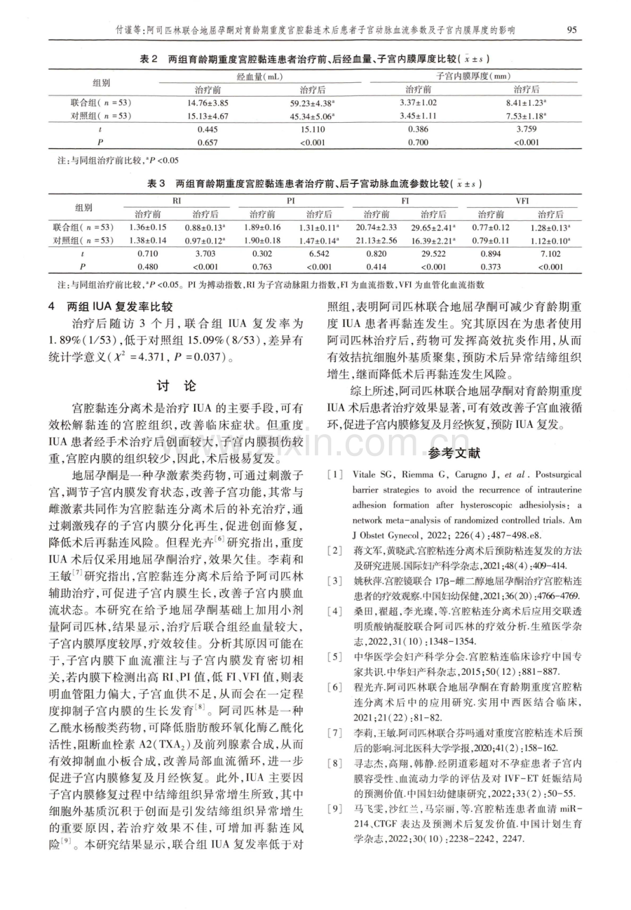 阿司匹林联合地屈孕酮对育龄期重度宫腔黏连术后患者子宫动脉血流参数及子宫内膜厚度的影响.pdf_第3页