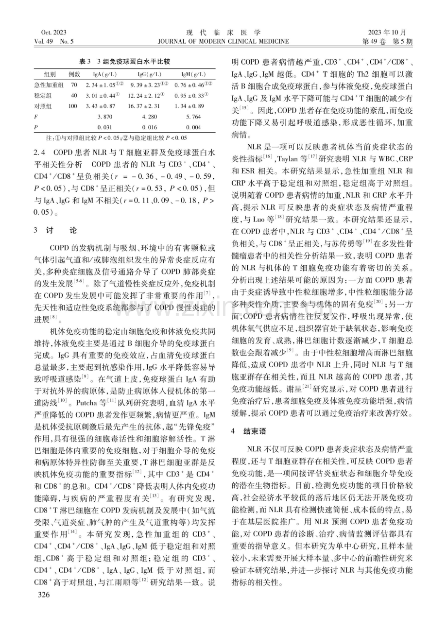 COPD患者外周血中性粒细胞与淋巴细胞比值与免疫功能的相关性.pdf_第3页