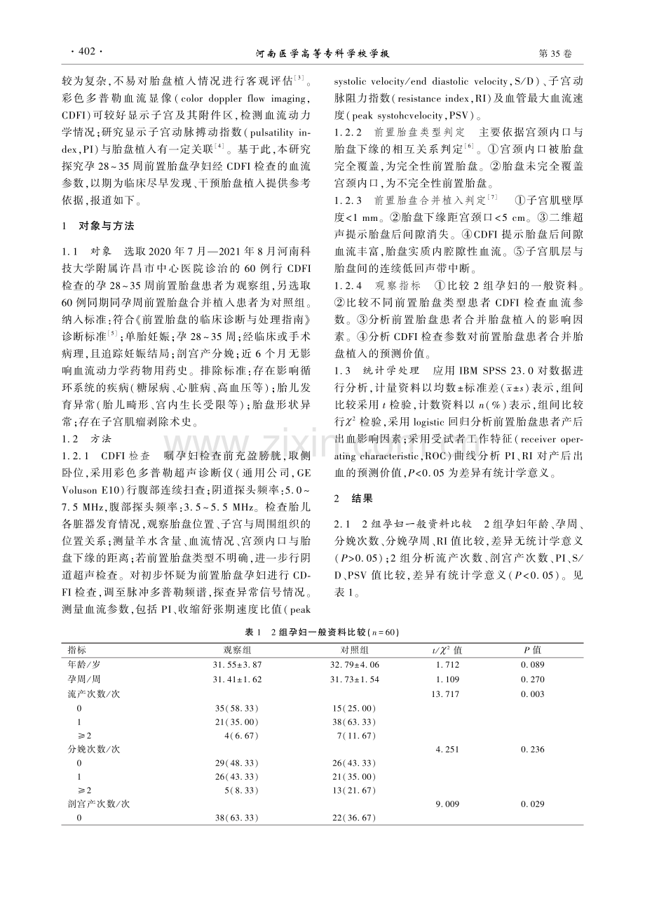 60例孕28-35周前置胎盘妇女CDFI检查血流参数分析.pdf_第2页