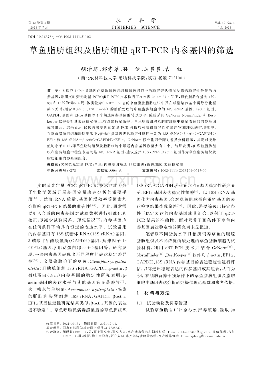 草鱼脂肪组织及脂肪细胞qRT-PCR内参基因的筛选.pdf_第1页