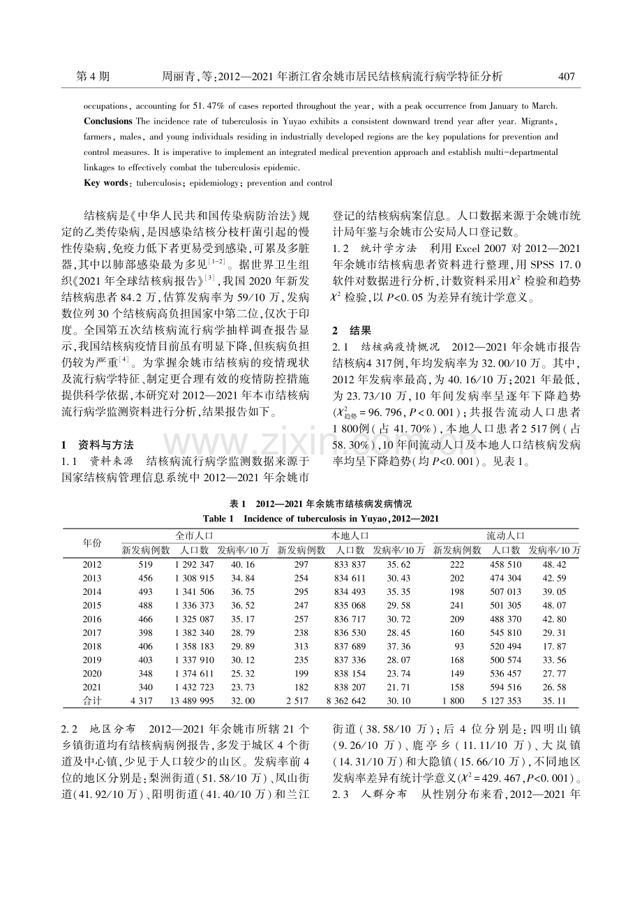 2012—2021年浙江省余姚市居民结核病流行病学特征分析.pdf_第2页