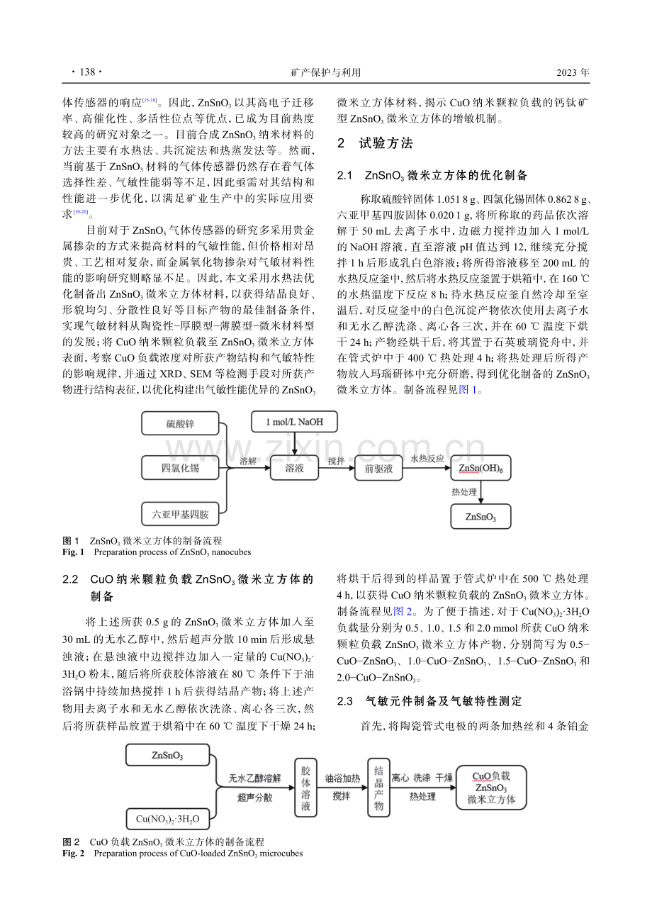 CuO纳米颗粒负载钙钛矿型ZnSnO_%283%29微米立方体的气敏性能.pdf_第2页