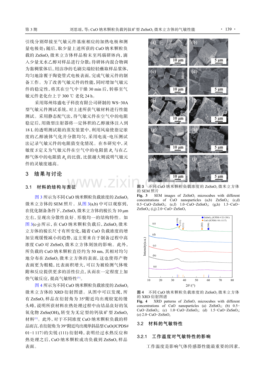 CuO纳米颗粒负载钙钛矿型ZnSnO_%283%29微米立方体的气敏性能.pdf_第3页