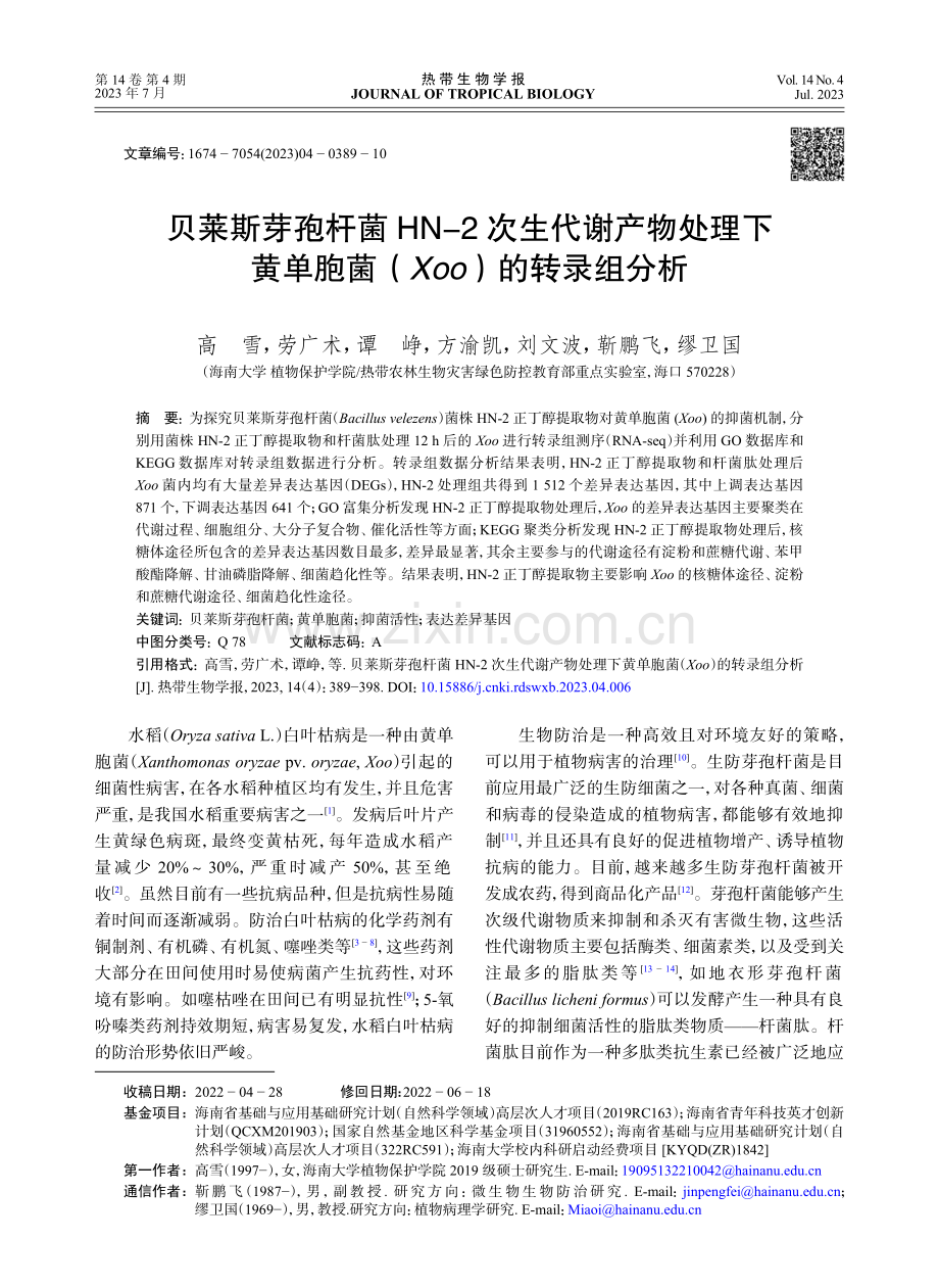 贝莱斯芽孢杆菌HN-2次生代谢产物处理下黄单胞菌%28Xoo%29的转录组分析.pdf_第1页