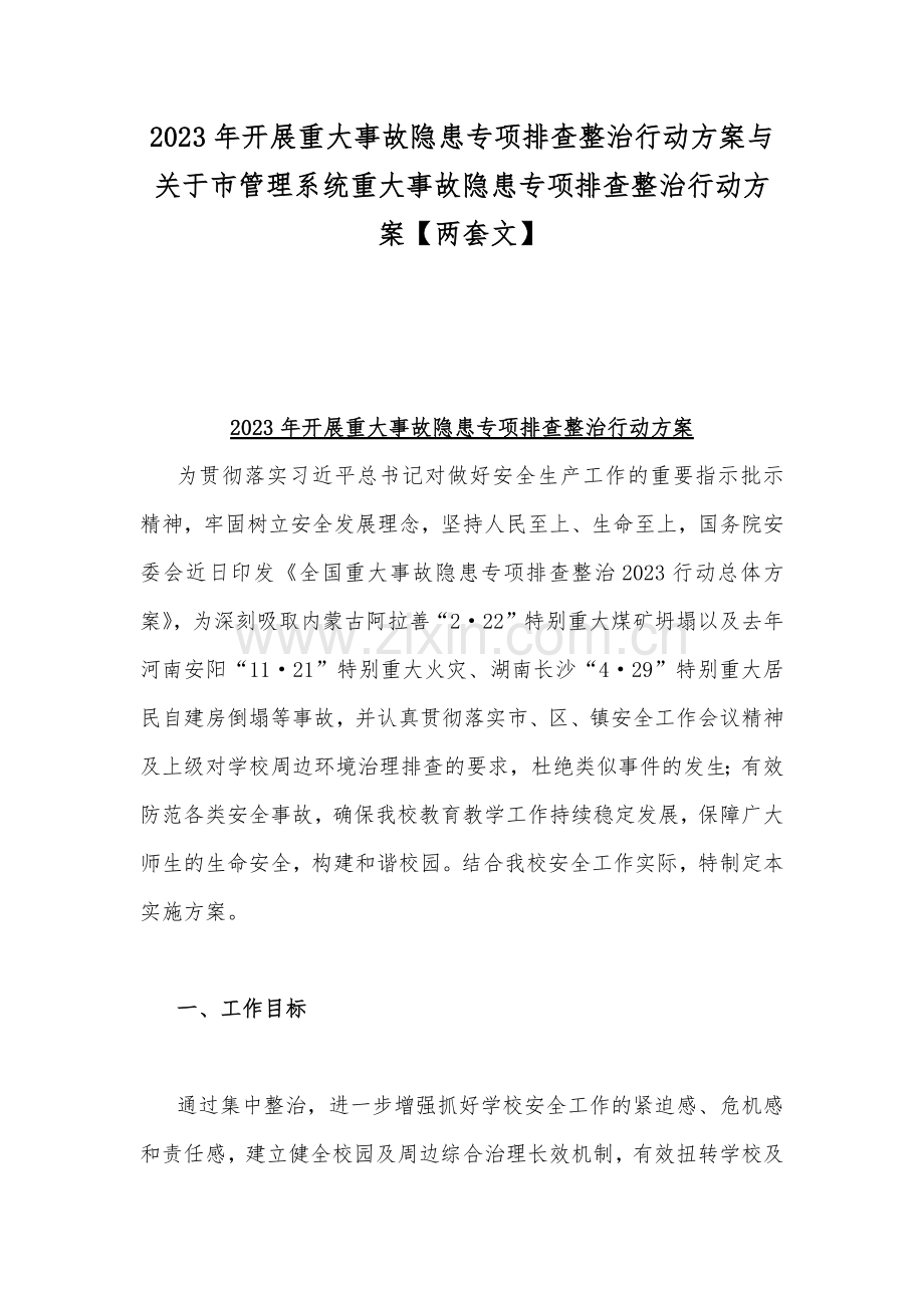 2023年开展重大事故隐患专项排查整治行动方案与关于市管理系统重大事故隐患专项排查整治行动方案【两套文】.docx_第1页