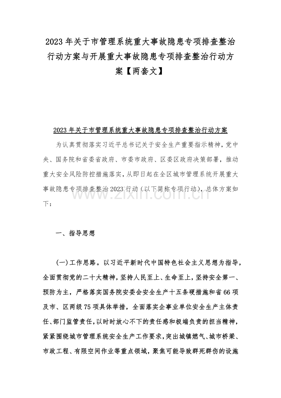 2023年关于市管理系统重大事故隐患专项排查整治行动方案与开展重大事故隐患专项排查整治行动方案【两套文】.docx_第1页