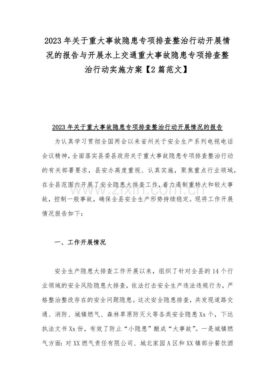 2023年关于重大事故隐患专项排查整治行动开展情况的报告与开展水上交通重大事故隐患专项排查整治行动实施方案【2篇范文】.docx_第1页