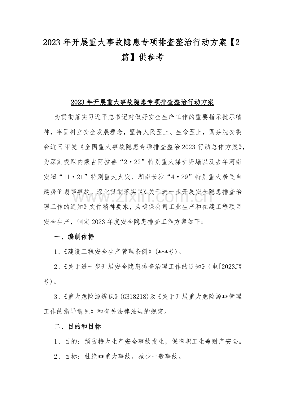 2023年开展重大事故隐患专项排查整治行动方案【2篇.docx_第1页