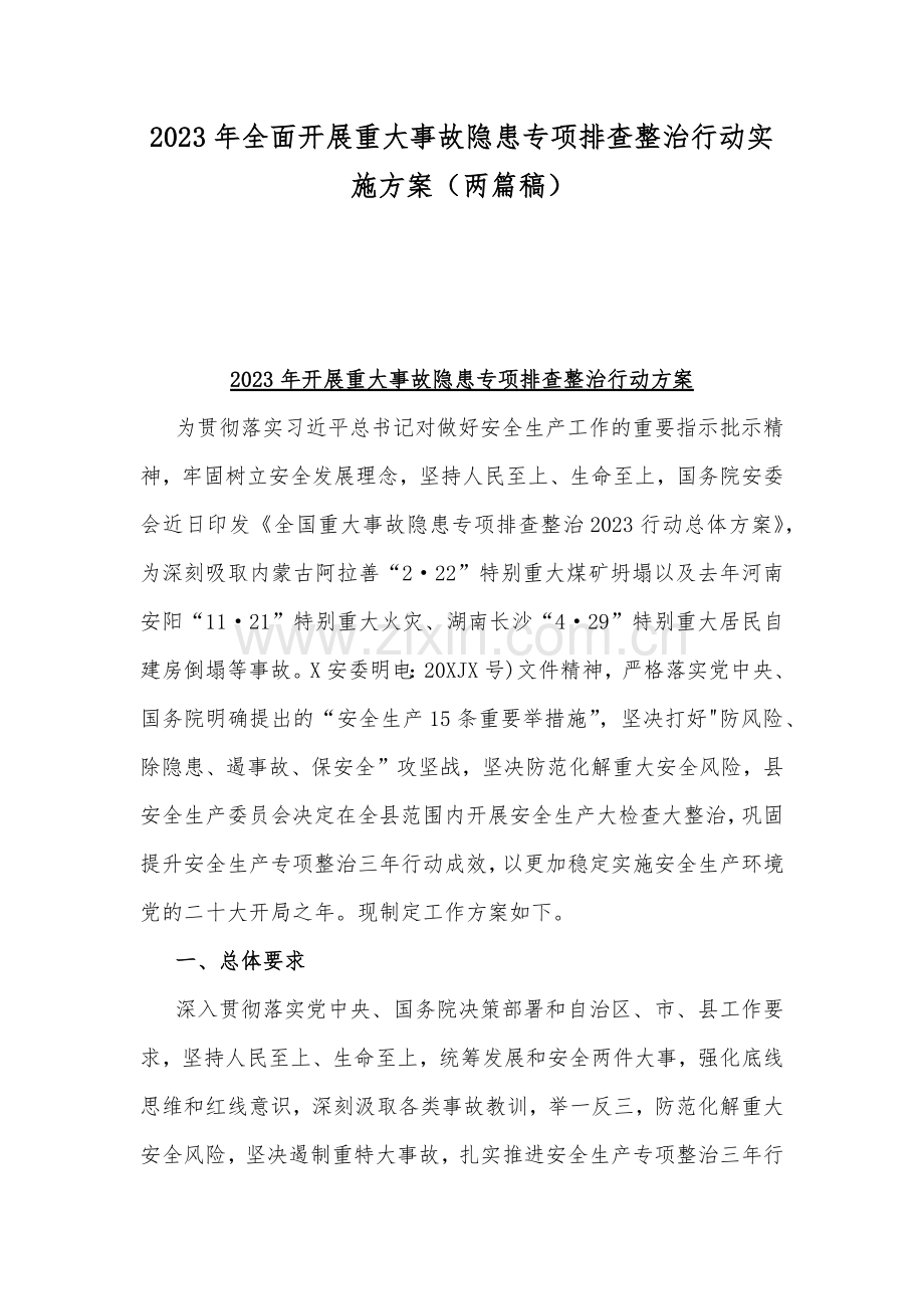 2023年全面开展重大事故隐患专项排查整治行动实施方案（两篇稿）.docx_第1页