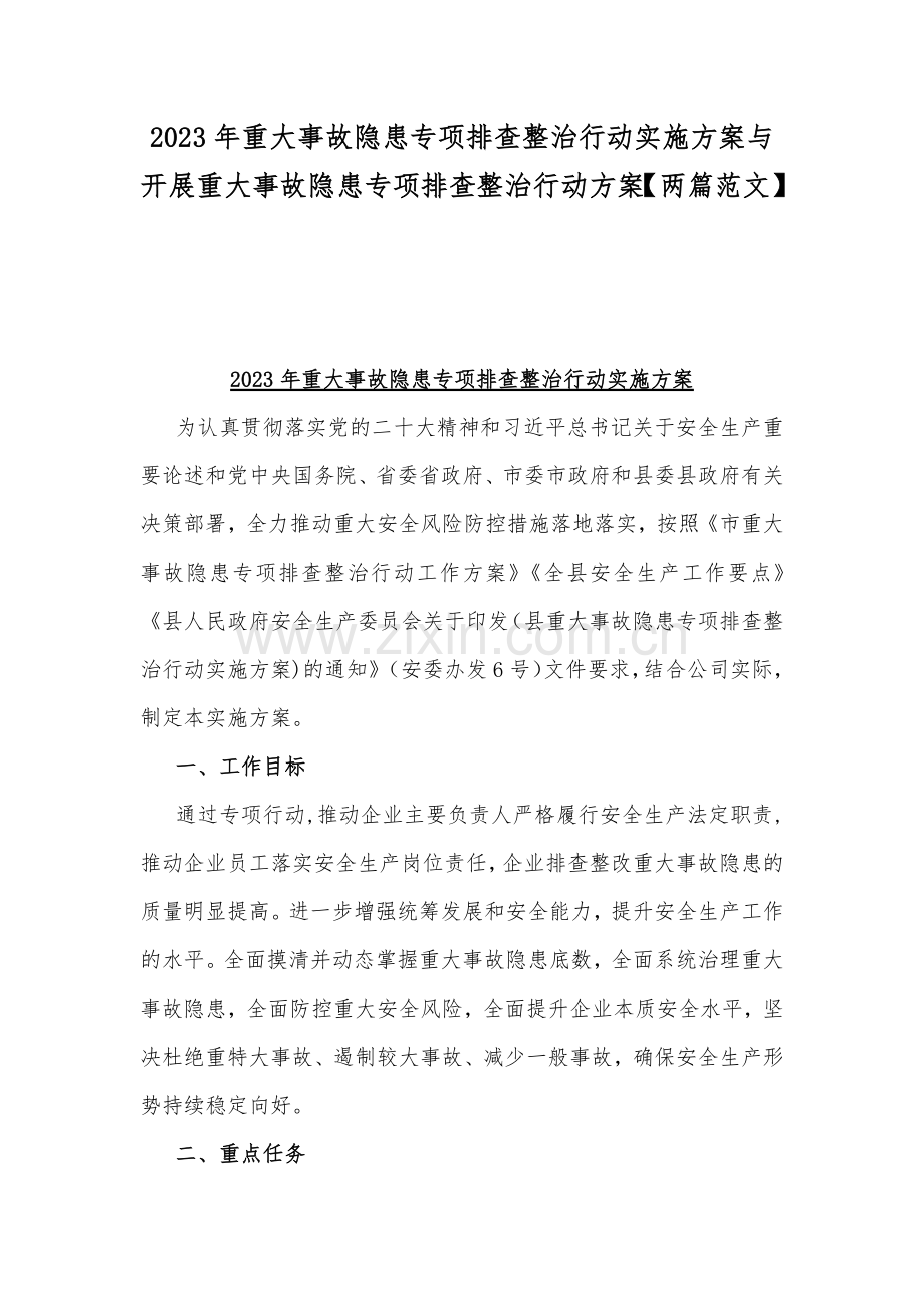 2023年重大事故隐患专项排查整治行动实施方案与开展重大事故隐患专项排查整治行动方案【两篇范文】.docx_第1页