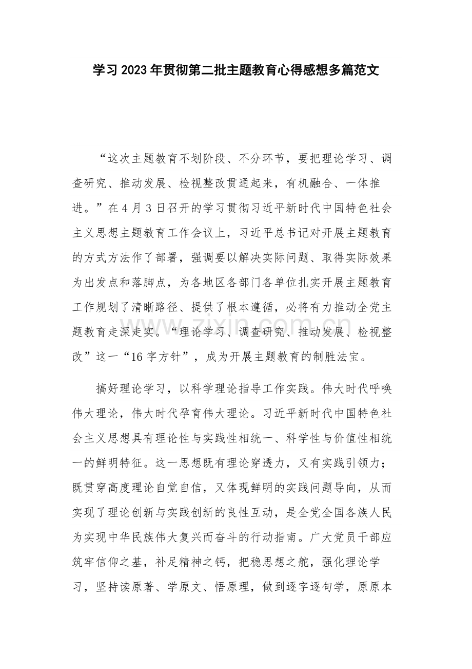 学习2023年贯彻第二批主题教育心得感想多篇范文.docx_第1页