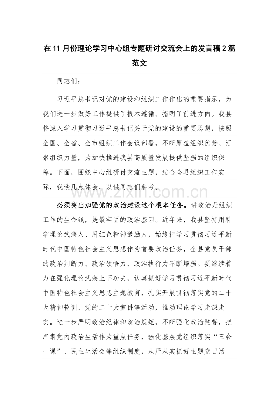 在11月份理论学习中心组专题研讨交流会上的发言稿2篇范文.docx_第1页