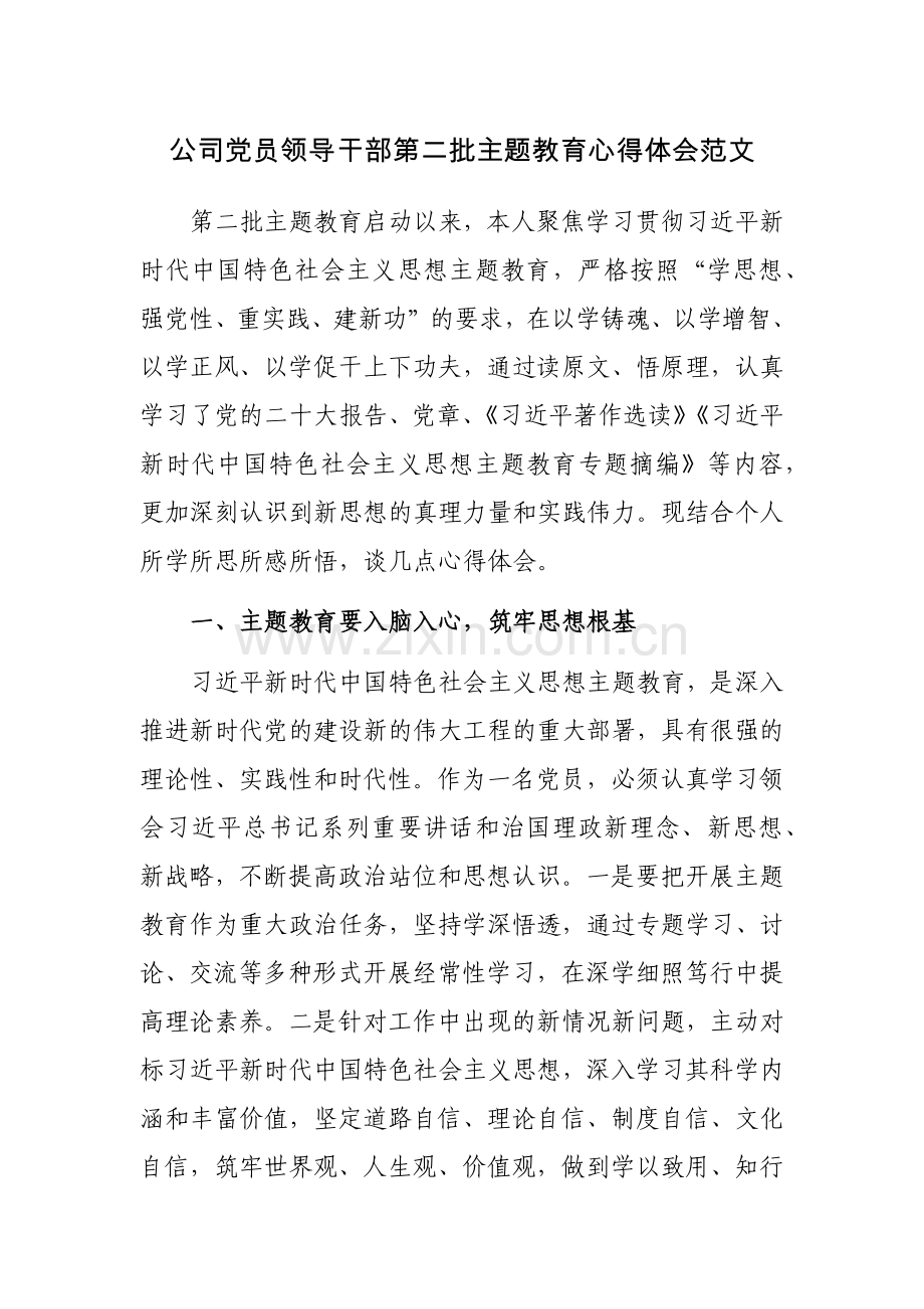 公司党员领导干部第二批主题教育心得体会范文.docx_第1页