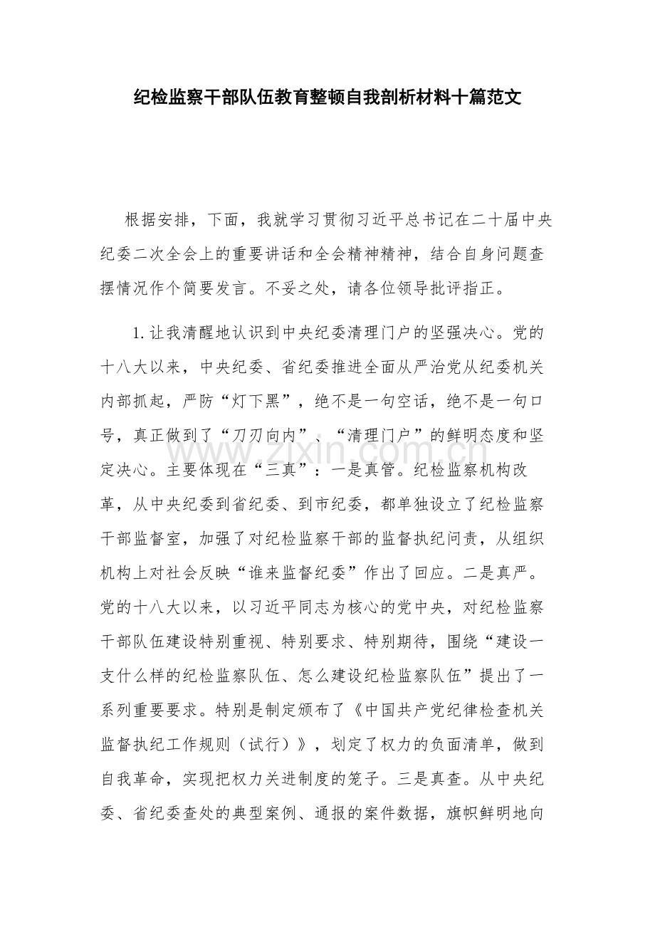 纪检监察干部队伍教育整顿自我剖析材料十篇范文.docx_第1页