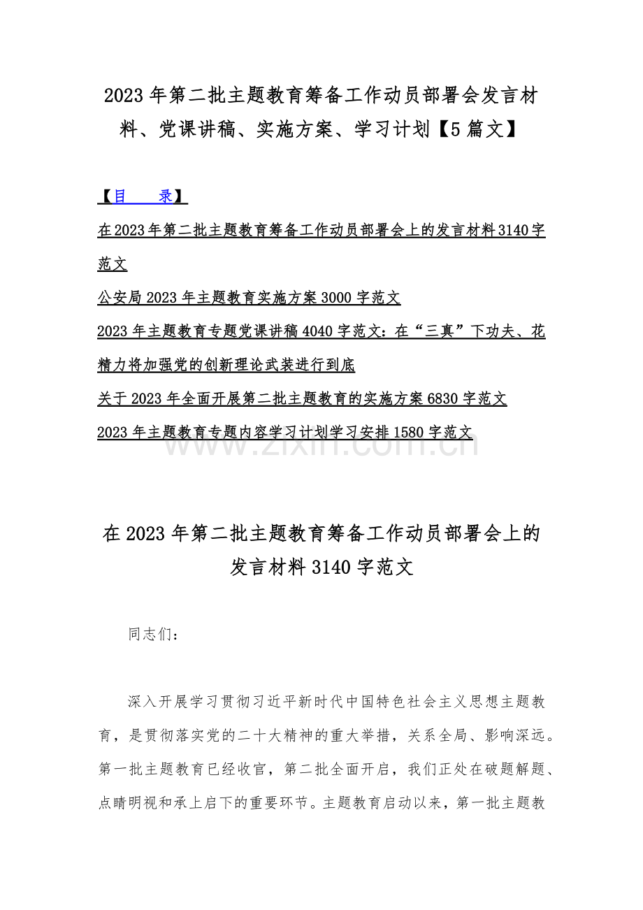 2023年第二批主题教育筹备工作动员部署会发言材料、党课讲稿、实施方案、学习计划【5篇文】.docx_第1页