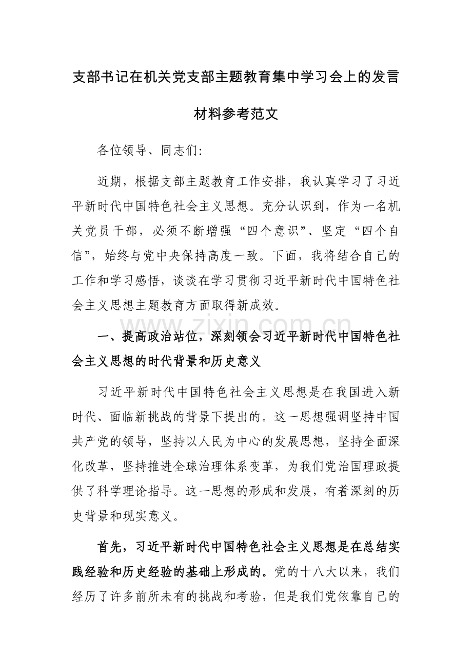 支部书记在机关党支部主题教育集中学习会上的发言材料参考范文.docx_第1页