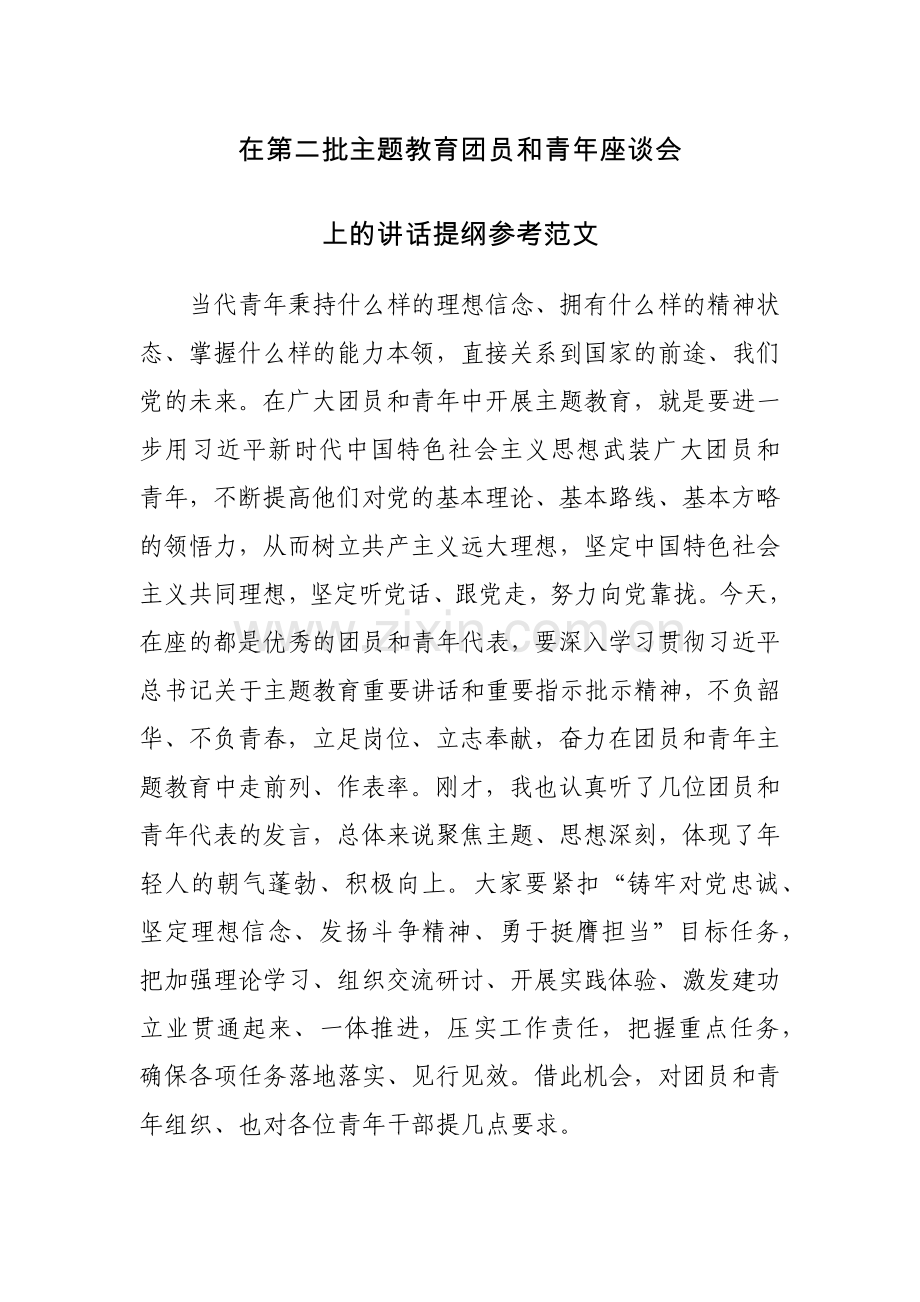 在第二批主题教育团员和青年座谈会上的讲话提纲参考范文.docx_第1页