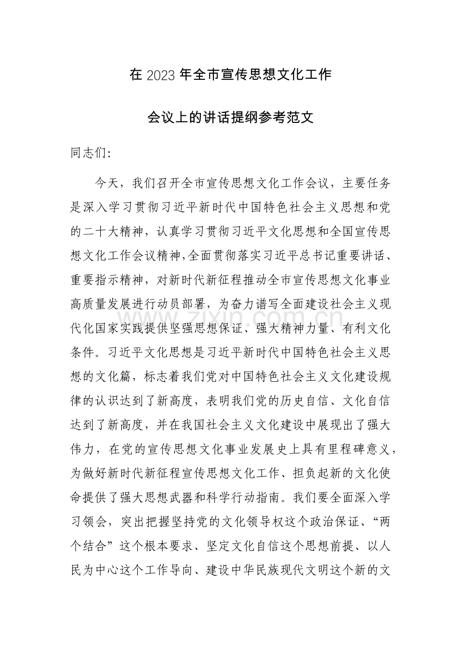 在2023年全市宣传思想文化工作会议上的讲话提纲参考范文.docx_第1页