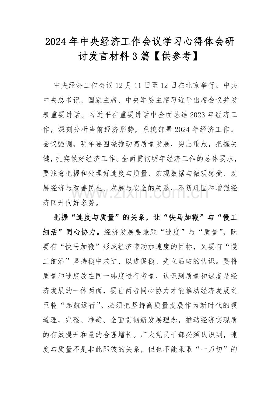 2024年中央经济工作会议学习心得体会研讨发言材料3篇【供参考】.docx_第1页