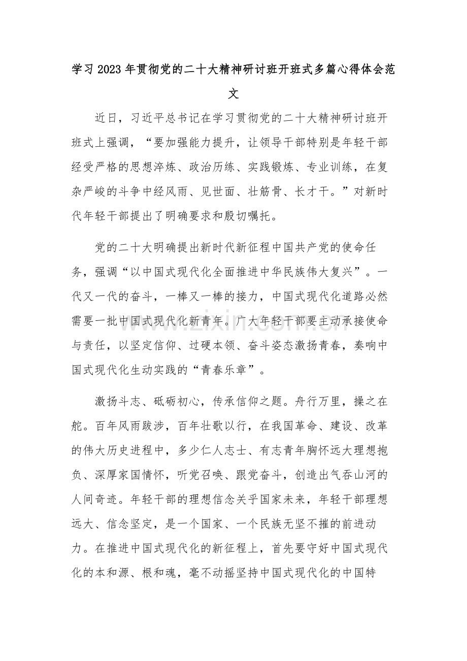 学习2023年贯彻党的二十大精神研讨班开班式多篇心得体会范文.docx_第1页