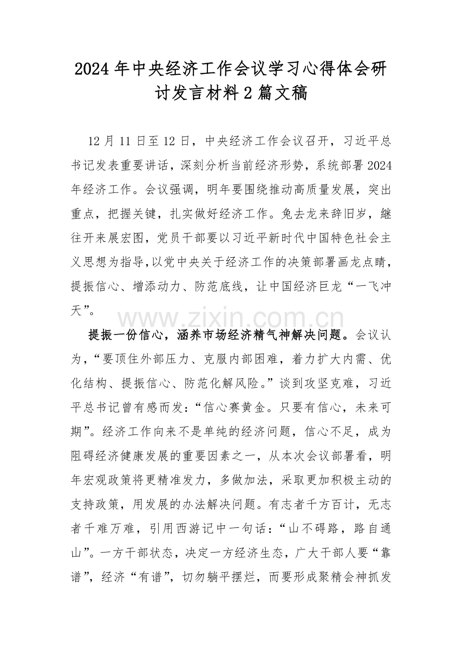 2024年中央经济工作会议学习心得体会研讨发言材料2篇文稿.docx_第1页