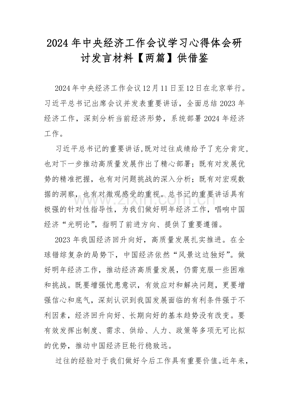 2024年中央经济工作会议学习心得体会研讨发言材料【两篇】供借鉴.docx_第1页