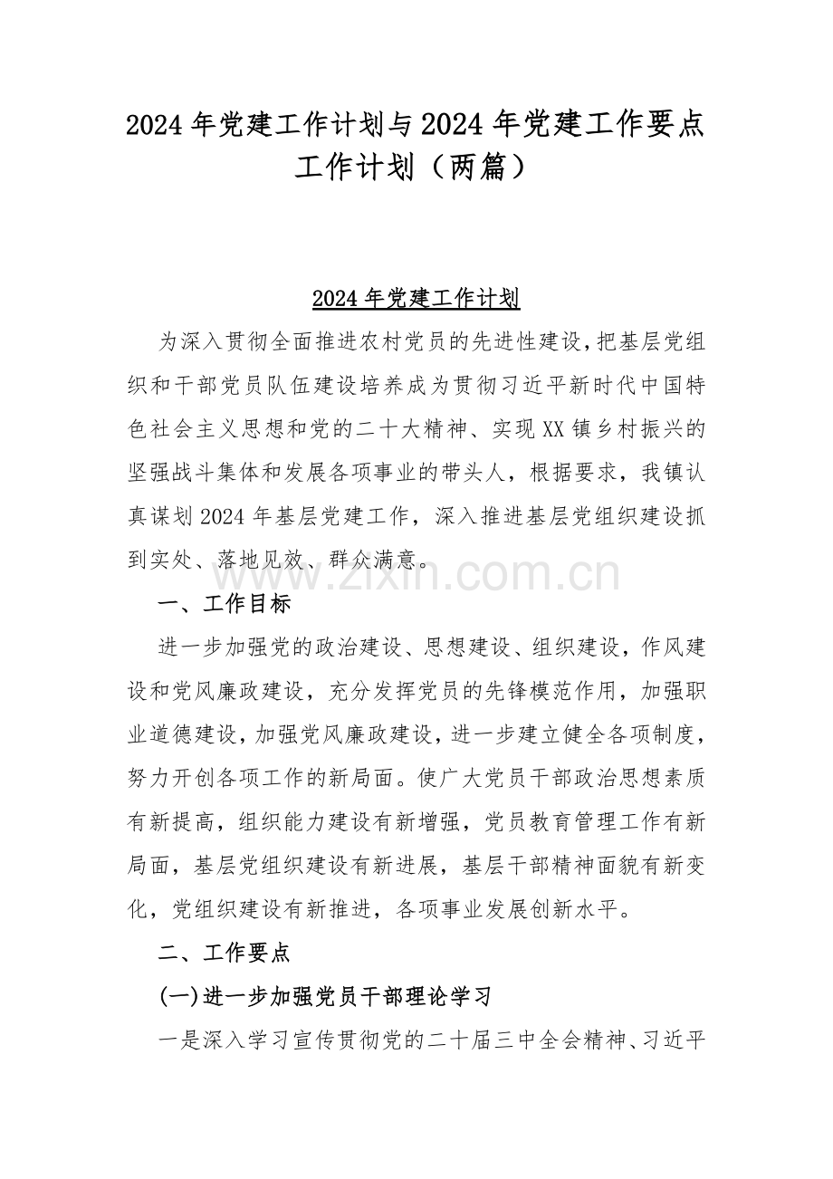 2024年党建工作计划与2024年党建工作要点工作计划（两篇）.docx_第1页