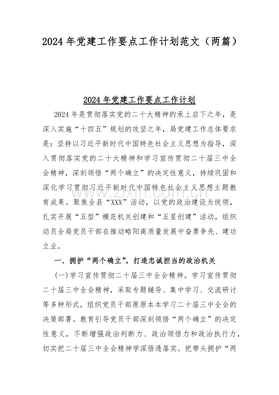 2024年党建工作要点工作计划范文（两篇）.docx_第1页