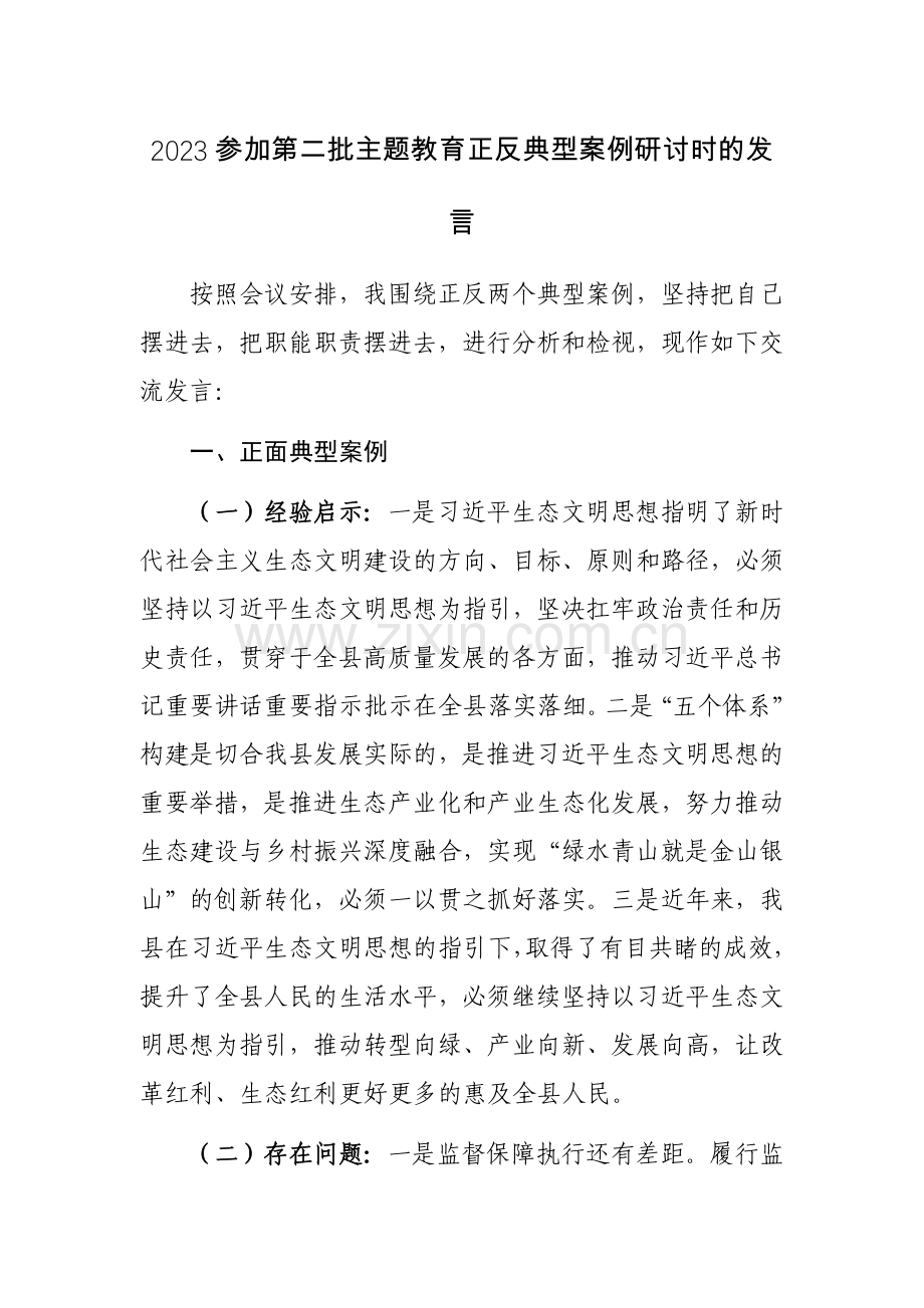 2023参加第二批主题教育正反典型案例研讨时的发言范文.docx_第1页