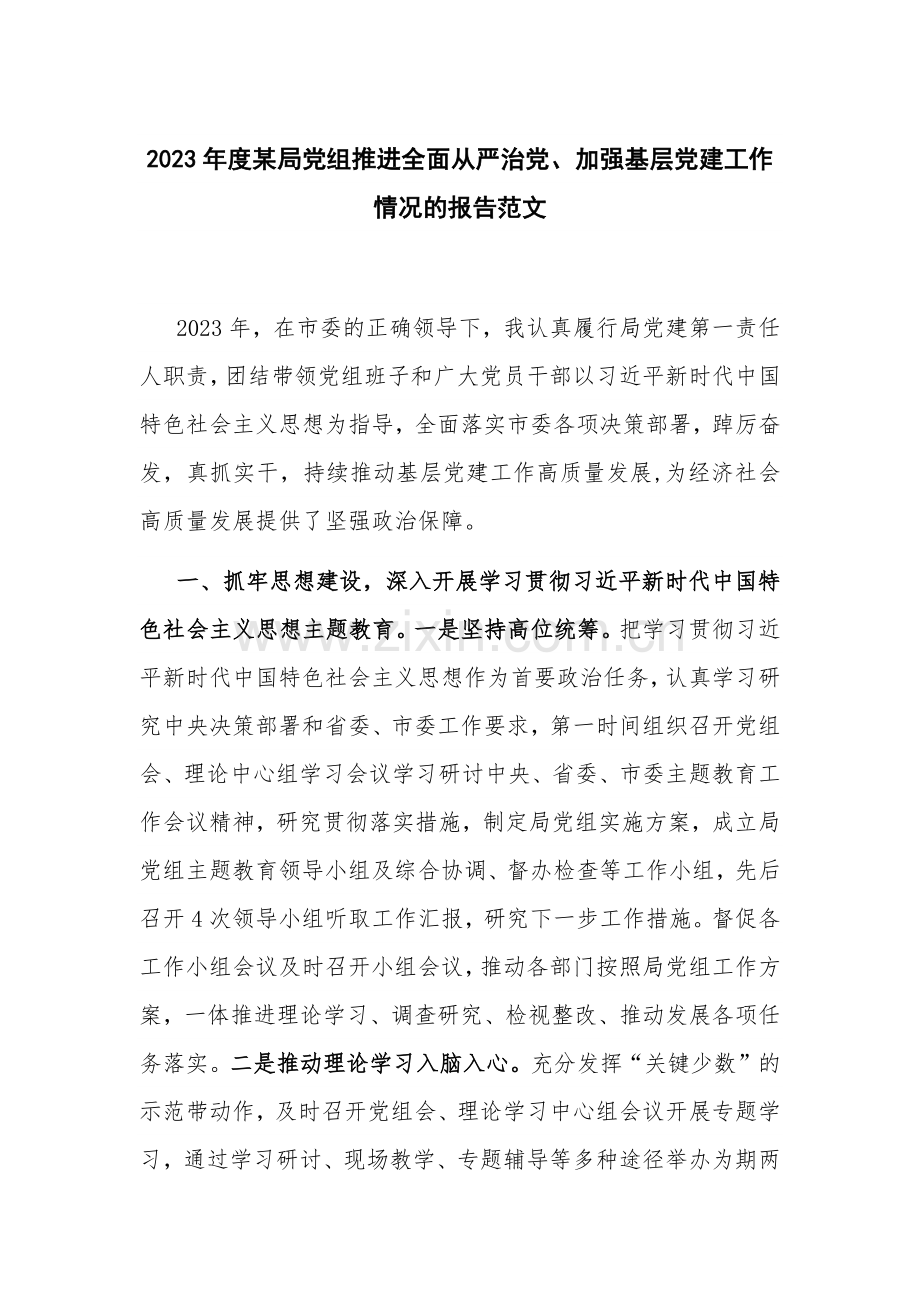 2023年度某局党组推进全面从严治党、加强基层党建工作情况的报告范文.docx_第1页