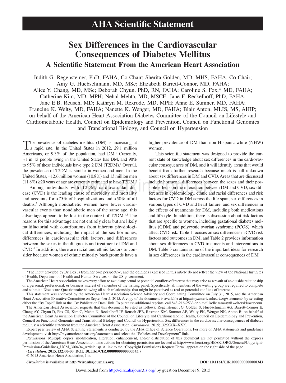 【医脉通-指南】2015+AHA科学声明：糖尿病心血管结局的性别差异（英文版）.pdf_第1页
