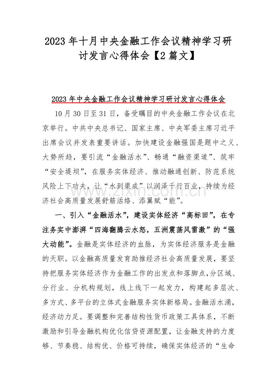 2023年十月中央金融工作会议精神学习研讨发言心得体会【2篇文】.docx_第1页