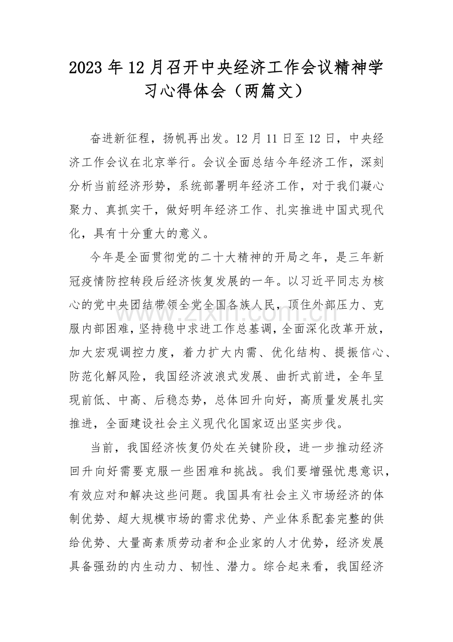 2023年12月召开中央经济工作会议精神学习心得体会（两篇文）.docx_第1页